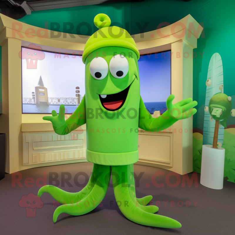 Lime Green Kraken mascot costume character dressed with a Cardigan and Caps