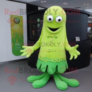 Lime Green Kraken mascot costume character dressed with a Cardigan and Caps