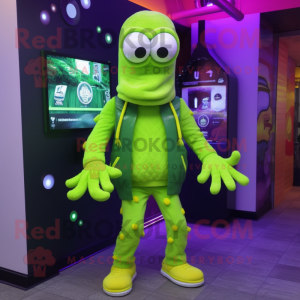 Lime Green Kraken mascot costume character dressed with a Cardigan and Caps