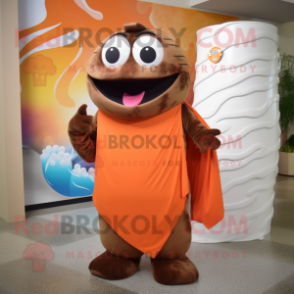 Brown Salmon mascot costume character dressed with a Tank Top and Scarves