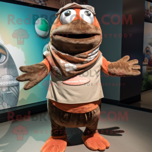 Brown Salmon mascot costume character dressed with a Tank Top and Scarves