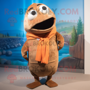 Brown Salmon mascot costume character dressed with a Tank Top and Scarves