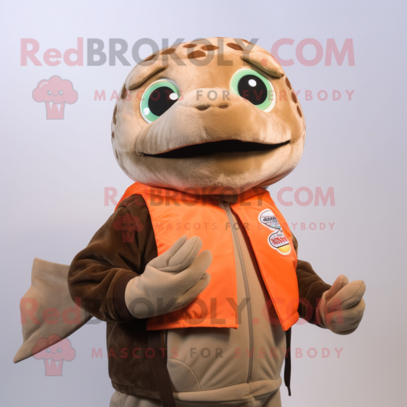 Brown Salmon mascot costume character dressed with a Tank Top and Scarves