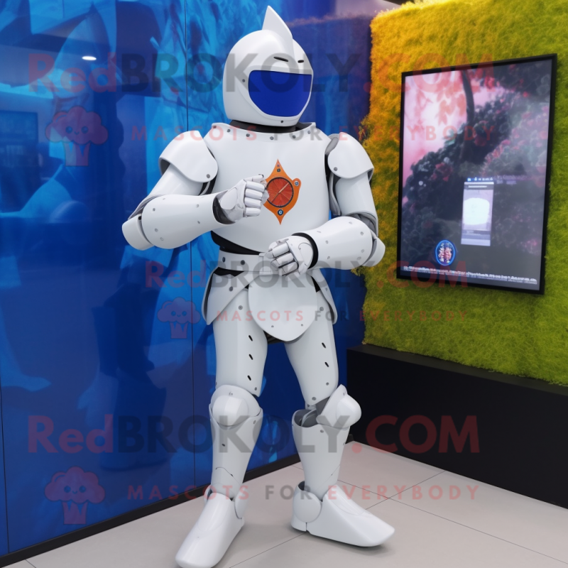 White Medieval Knight mascot costume character dressed with a Skinny Jeans and Smartwatches