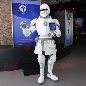 White Medieval Knight mascot costume character dressed with a Skinny Jeans and Smartwatches