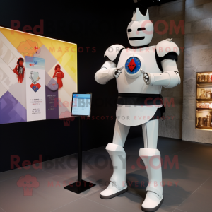 White Medieval Knight mascot costume character dressed with a Skinny Jeans and Smartwatches