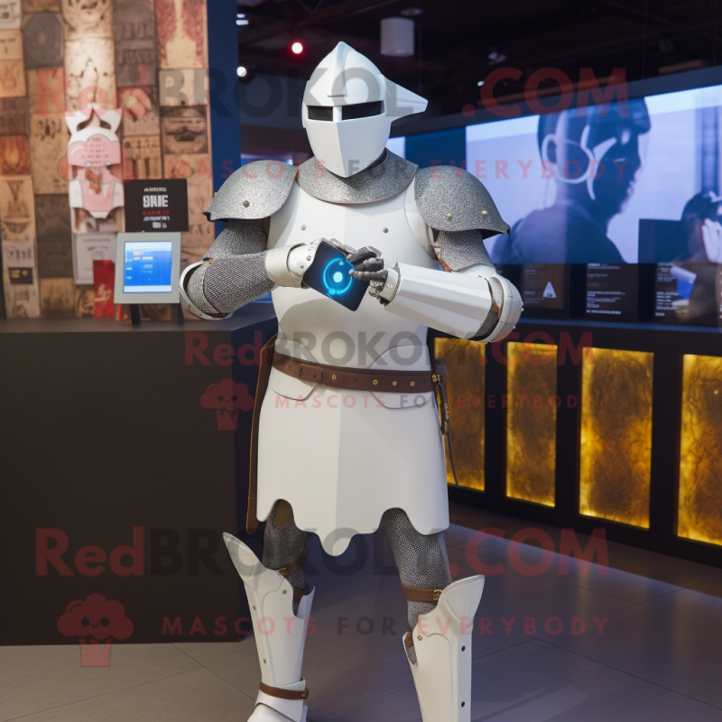 White Medieval Knight mascot costume character dressed with a Skinny Jeans and Smartwatches