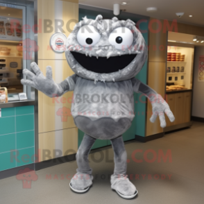 Gray Crab Cakes mascot costume character dressed with a Playsuit and Headbands