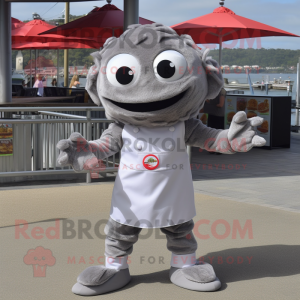Gray Crab Cakes mascot costume character dressed with a Playsuit and Headbands