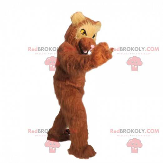 Mascote glutão, urso castanho peludo parecendo feroz -