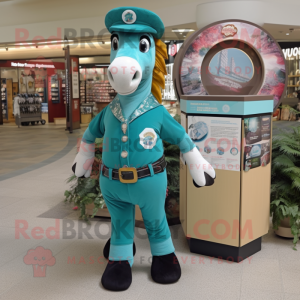 Teal Horseshoe mascot costume character dressed with a Button-Up Shirt and Anklets