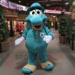 Teal Horseshoe mascot costume character dressed with a Button-Up Shirt and Anklets