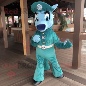 Teal Horseshoe mascot costume character dressed with a Button-Up Shirt and Anklets