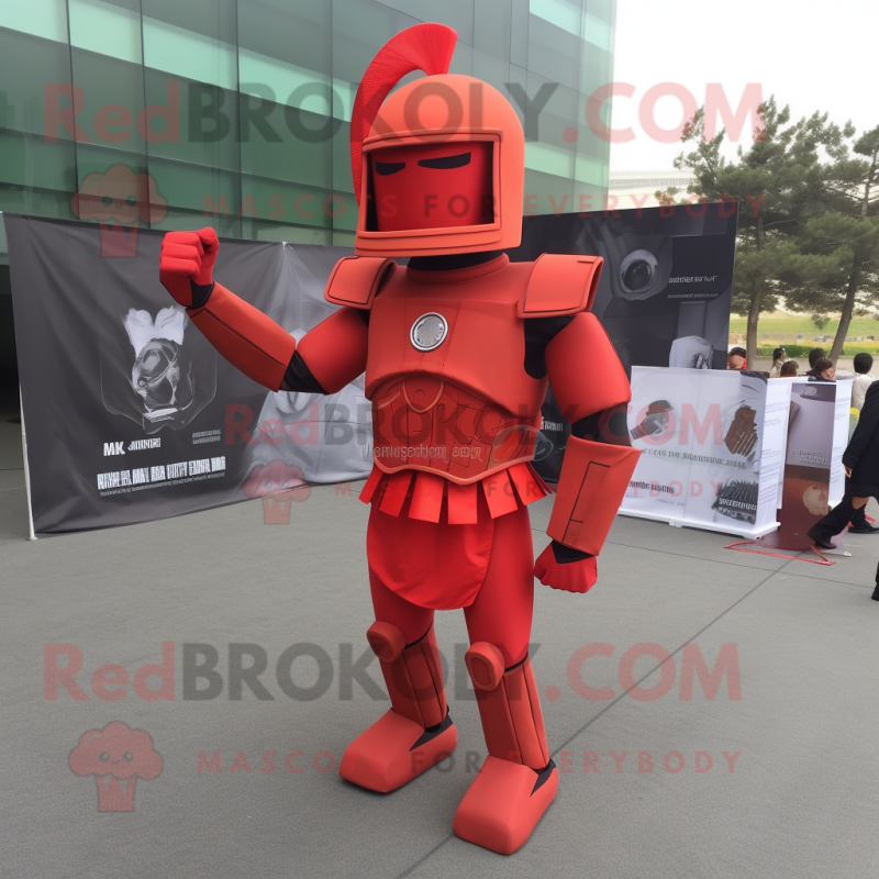Red Spartan Soldier mascot costume character dressed with a Sheath Dress and Foot pads Red Spartan Soldier mascot costume character dressed with a Sheath Dress and Foot pads