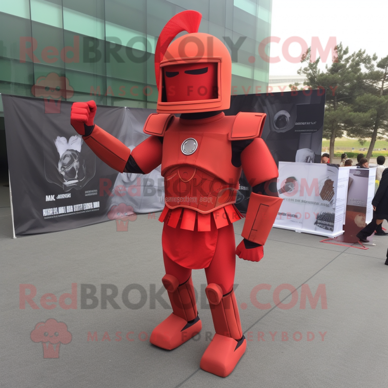 Red Spartan Soldier mascot costume character dressed with a Sheath Dress and Foot pads