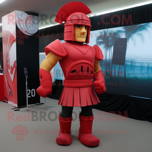 Red Spartan Soldier mascot costume character dressed with a Sheath Dress and Foot pads