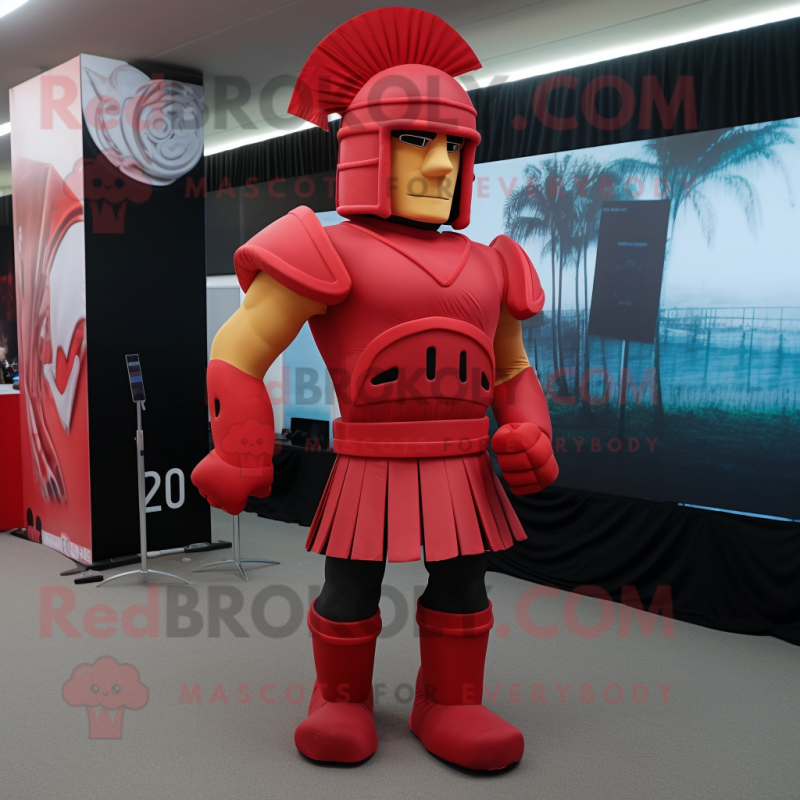 Red Spartan Soldier mascot costume character dressed with a Sheath Dress and Foot pads Red Spartan Soldier mascot costume character dressed with a Sheath Dress and Foot pads