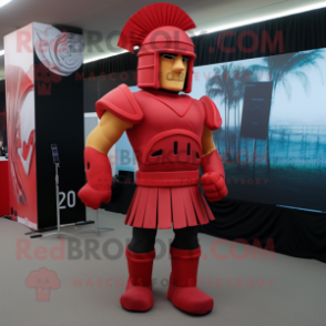 Red Spartan Soldier mascot costume character dressed with a Sheath Dress and Foot pads