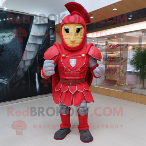 Red Spartan Soldier mascot costume character dressed with a Sheath Dress and Foot pads