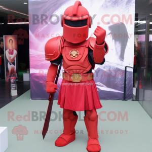 Red Spartan Soldier mascot costume character dressed with a Sheath Dress and Foot pads