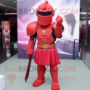 Red Spartan Soldier mascot costume character dressed with a Sheath Dress and Foot pads