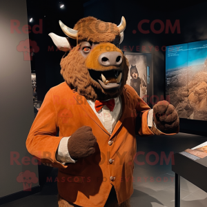 Rust Buffalo mascot costume character dressed with a Blazer and Gloves