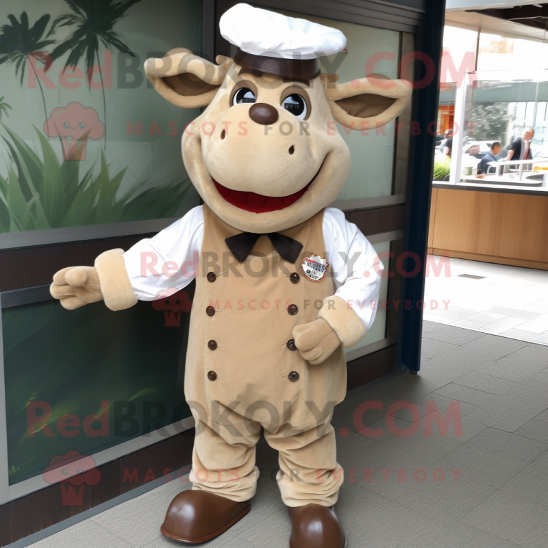 Tan Beef Stroganoff mascot costume character dressed with a Corduroy Pants and Lapel pins