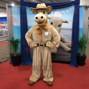 Tan Beef Stroganoff mascot costume character dressed with a Corduroy Pants and Lapel pins