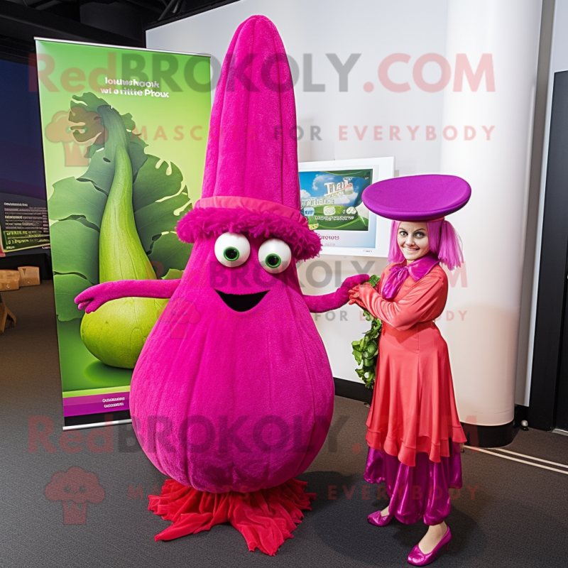 Magenta Celery mascot costume character dressed with a Evening Gown and Berets