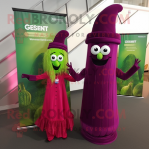 Magenta Celery mascot costume character dressed with a Evening Gown and Berets