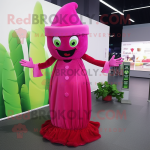 Magenta Celery mascot costume character dressed with a Evening Gown and Berets