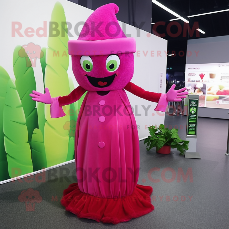 Magenta Celery mascot costume character dressed with a Evening Gown and Berets