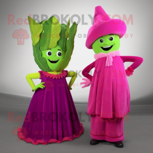 Magenta Celery mascot costume character dressed with a Evening Gown and Berets