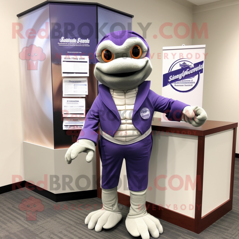 Lavender Attorney mascot costume character dressed with a Turtleneck and Wraps Lavender Attorney mascot costume character dressed with a Turtleneck and Wraps