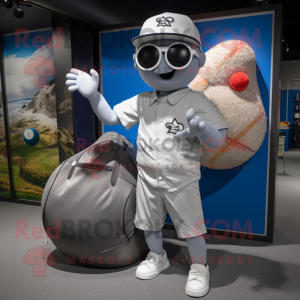 Silver Baseball Glove mascot costume character dressed with a One-Piece Swimsuit and Messenger bags