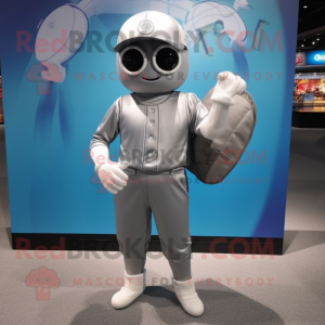 Silver Baseball Glove mascot costume character dressed with a One-Piece Swimsuit and Messenger bags