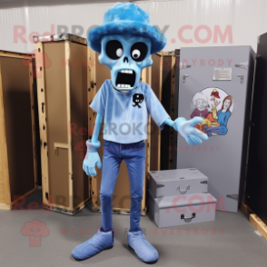 Blue Graveyard mascot costume character dressed with a Skinny Jeans and Shoe clips