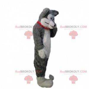 Mascotte de chien gris et blanc doux et poilu, costume de chien