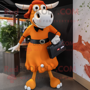 Orange Cow mascot costume character dressed with a Pencil Skirt and Handbags