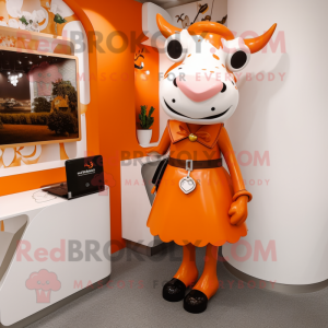 Orange Cow mascot costume character dressed with a Pencil Skirt and Handbags