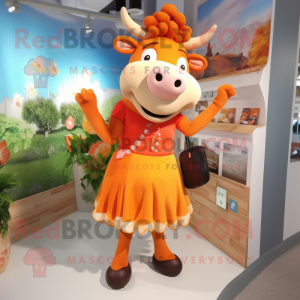 Orange Cow mascot costume character dressed with a Pencil Skirt and Handbags