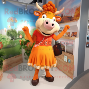 Orange Cow mascot costume character dressed with a Pencil Skirt and Handbags
