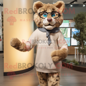 Tan Lynx mascot costume character dressed with a Cardigan and Eyeglasses