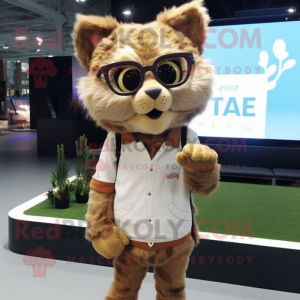 Tan Lynx mascot costume character dressed with a Cardigan and Eyeglasses