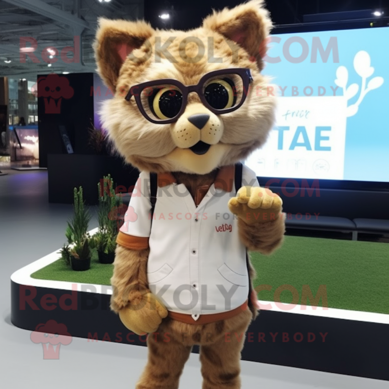 Tan Lynx mascot costume character dressed with a Cardigan and Eyeglasses Tan Lynx mascot costume character dressed with a Cardigan and Eyeglasses