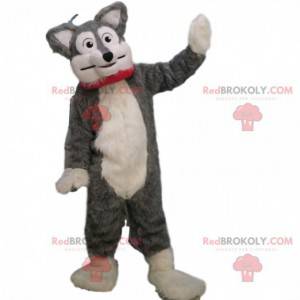 Mascotte cane grigio e bianco morbido e peloso, costume da cane