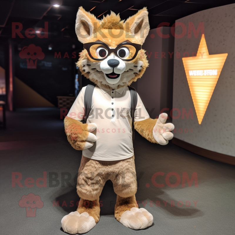 Tan Lynx mascot costume character dressed with a Cardigan and Eyeglasses Tan Lynx mascot costume character dressed with a Cardigan and Eyeglasses