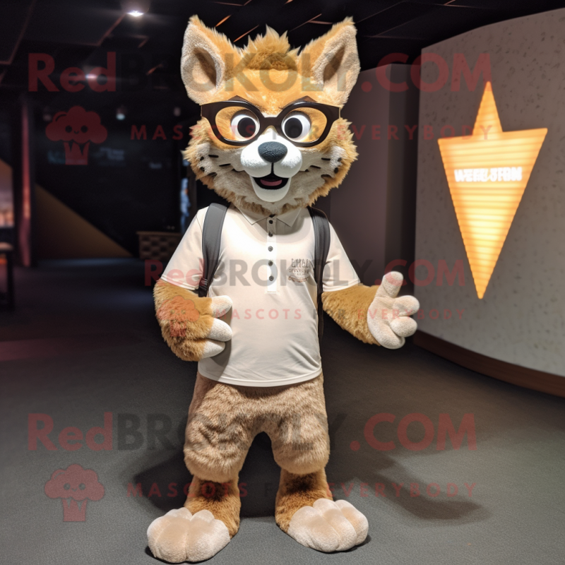 Tan Lynx mascot costume character dressed with a Cardigan and Eyeglasses