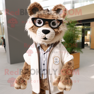 Tan Lynx mascot costume character dressed with a Cardigan and Eyeglasses