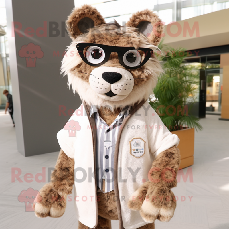 Tan Lynx mascot costume character dressed with a Cardigan and Eyeglasses Tan Lynx mascot costume character dressed with a Cardigan and Eyeglasses